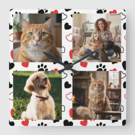 Relógio Quadrado Personalized Pet Photo Collage Square Wall Clock 