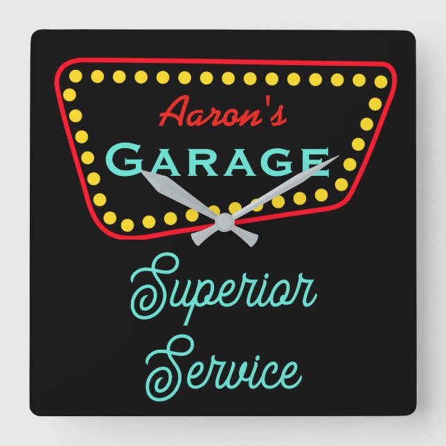 Relógio Quadrado  Personalized Retro Garage Sign Clock Gift (Frente)
