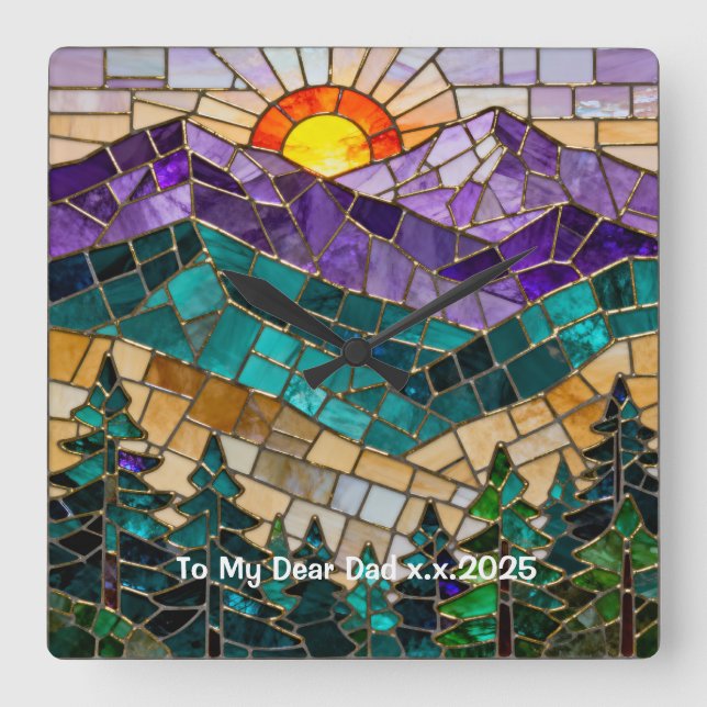 Relógio Quadrado Personalized Stained Glass Mountain Wall Clock (Frente)