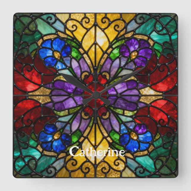 Relógio Quadrado Personalized Stained Glass Wall Clock  (Frente)