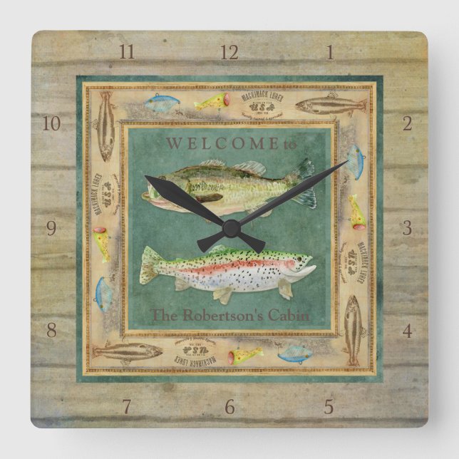Relógio Quadrado Pesca Do Lago, Baixo Grande, Truta Arco-Íris Mens (Frente)