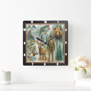 Relógio Quadrado Pescador de caçadores de animais selvagens ao ar l