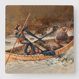 Relógio Quadrado “Pescando Trutas” Arte Ocidental por Frank Feller