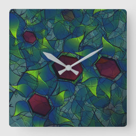 Relógio Quadrado pétalas virtuais azuis, folhas e hexágono vermelho