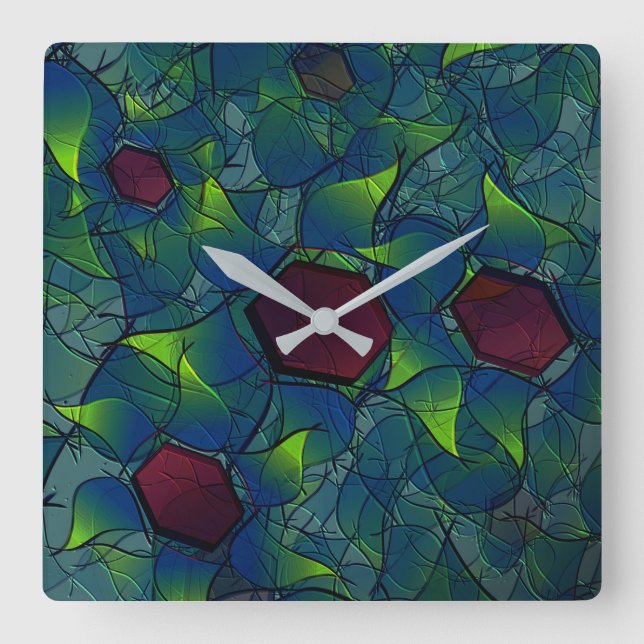 Relógio Quadrado pétalas virtuais azuis, folhas e hexágono vermelho (Frente)