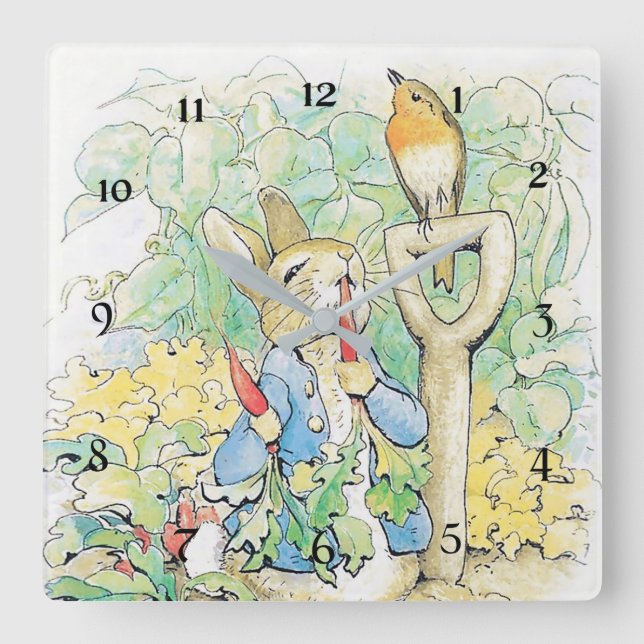 Relógio Quadrado "Peter Rabbit come a carrot", por Beatrix Potter (Frente)