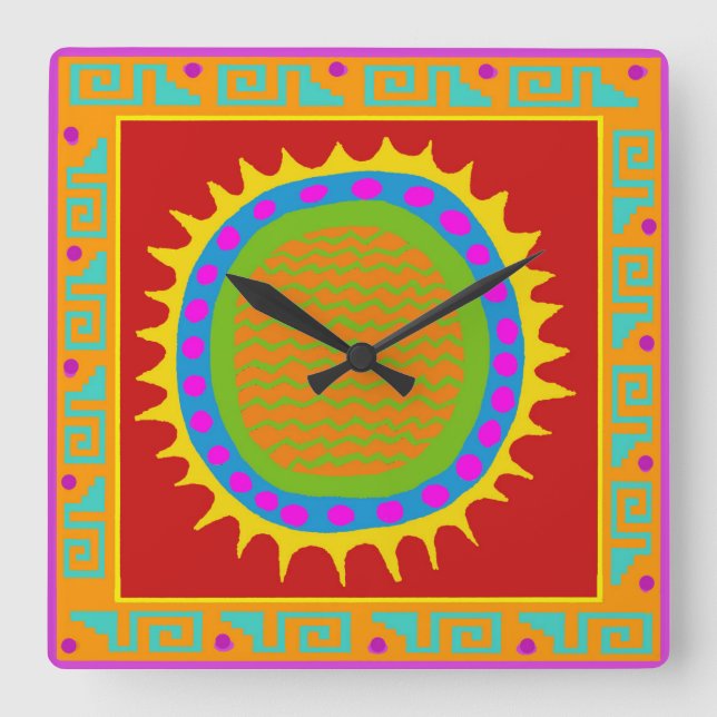 Relógio Quadrado Petroglyph Sun Folk Art Wall Clock (Frente)
