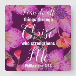 Relógio Quadrado Philippians 4:13 Bíblia Verse Floral