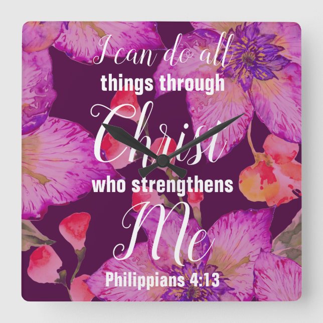 Relógio Quadrado Philippians 4:13 Bíblia Verse Floral (Frente)