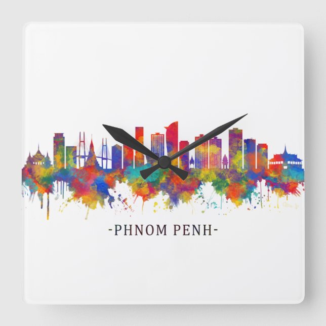 Relógio Quadrado Phnom Penh Camboja Skyline (Frente)