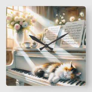 Relógio Quadrado Piano de Casa de Gato Ensolarado Sonho Cottagecore