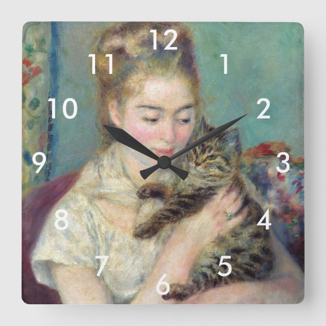 Relógio Quadrado Pierre-Auguste Renoir - Mulher com gato (Frente)