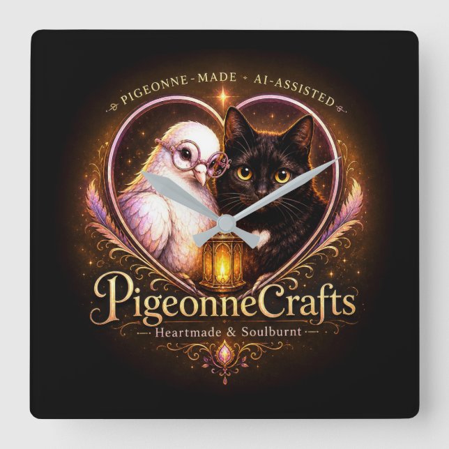 Relógio Quadrado PigeonneCrafts FeitoComAmor (Frente)