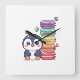 Relógio Quadrado Pilha de Macarons do Pinguim Doce