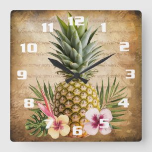 Relógio Quadrado Pineapple Tropical Francês Caligrafia estilosa