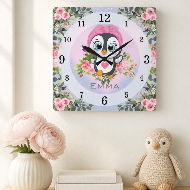 Relógio Quadrado Pinguim Bebê | Berçário | Personalizado (Criador carregado)