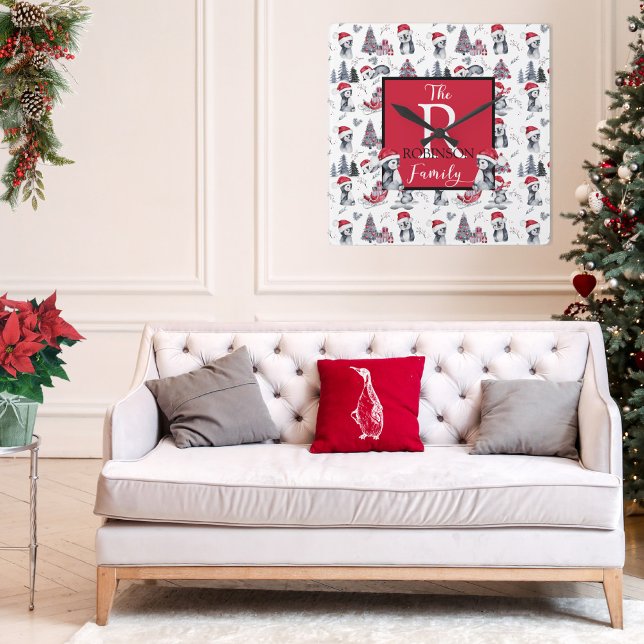 Relógio Quadrado Pinguins em Santa Hats Padrões da Cena de Inverno (Criador carregado)