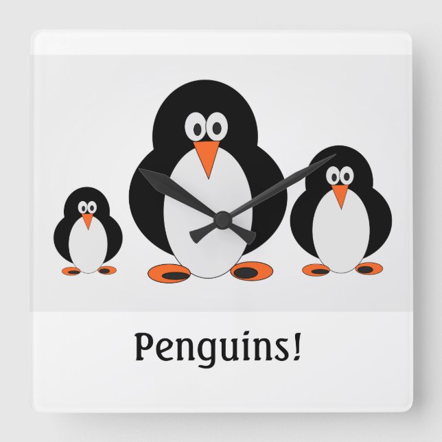 Relógio Quadrado Pinguins Wall Clock com opção de texto personaliza (Frente)