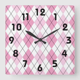 Relógio Quadrado Pink and White Argyle Wall Clock