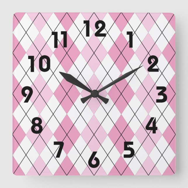 Relógio Quadrado Pink and White Argyle Wall Clock (Frente)