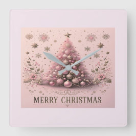 Relógio Quadrado Pink Christmas Tree Merry Christmas Wall Clock