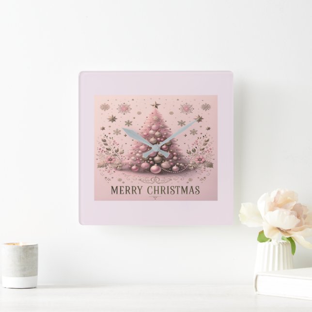 Relógio Quadrado Pink Christmas Tree Merry Christmas Wall Clock (Lar)