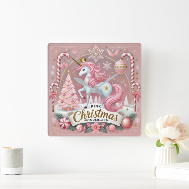 Relógio Quadrado Pink Christmas Wonderland Unicorn (Lar)