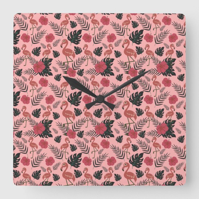 Relógio Quadrado Pink flamingo seamless pattern flowers and leaves (Frente)