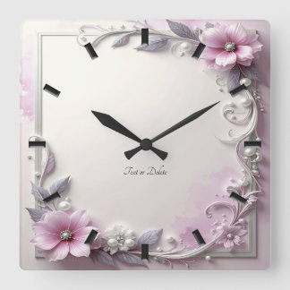Relógio Quadrado Pink Floral Frame Wall Clock