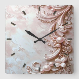 Relógio Quadrado Pink Ornate Pearl and Floral Wall Clock