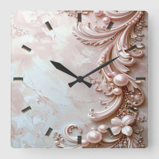 Relógio Quadrado Pink Ornate Pearl and Floral Wall Clock