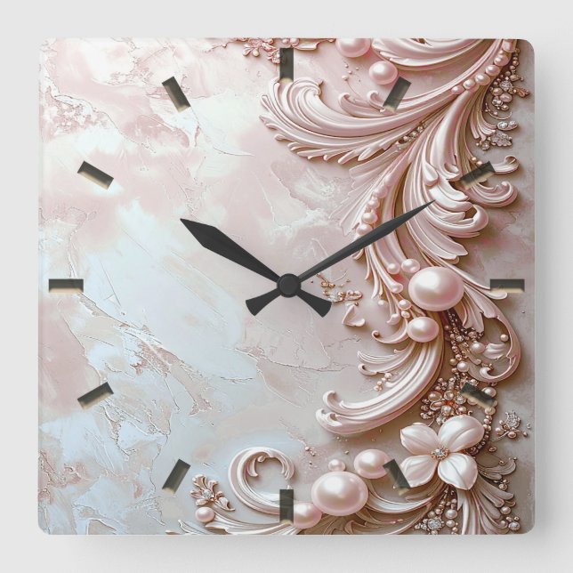 Relógio Quadrado Pink Ornate Pearl and Floral Wall Clock (Frente)