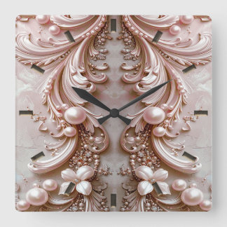 Relógio Quadrado Pink Ornate Pearl and Floral Wall Clock