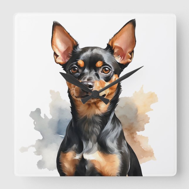 RELÓGIO QUADRADO PINSCHER DE PINSCHER NEGRO E MINIATURA DE TAN (Frente)
