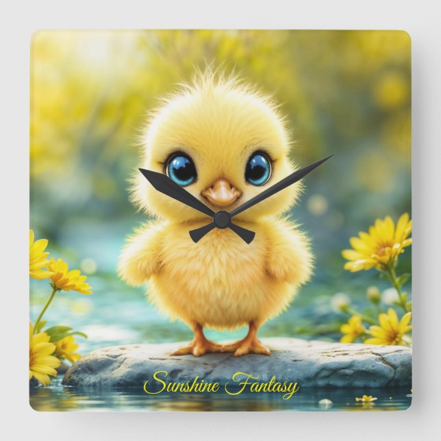 Relógio Quadrado Pintinho liso e bonito com olhos grandes sobre uma (Frente)