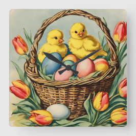 Relógio Quadrado Pintinhos de Páscoa com tulipas