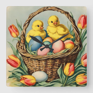 Relógio Quadrado Pintinhos de Páscoa com tulipas