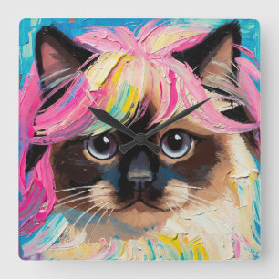 Relógio Quadrado Pintura a óleo de gato fofo (#9)
