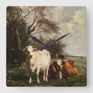 Relógio Quadrado Pintura a Óleo Pastoral Vintage Vacas em Prado Gra