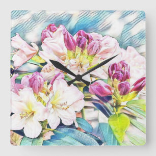 Relógio Quadrado Pintura aquosa de uma azeea rosa e branca