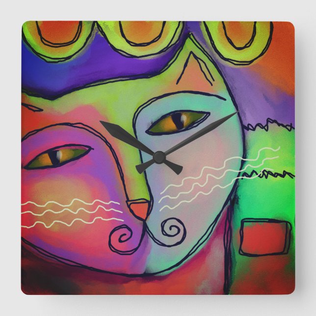 Relógio Quadrado Pintura Colorida de Abstrato (Frente)