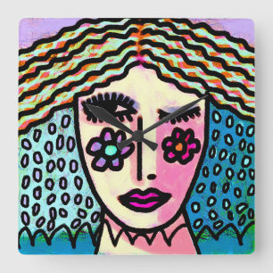 Relógio Quadrado Pintura de Abstrato original de uma mulher