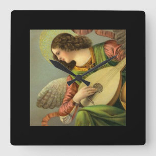 Relógio Quadrado Pintura de Anjo com Bandolim 