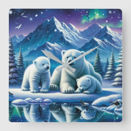Relógio Quadrado Pintura de Cena Neve da Família Polar Bear