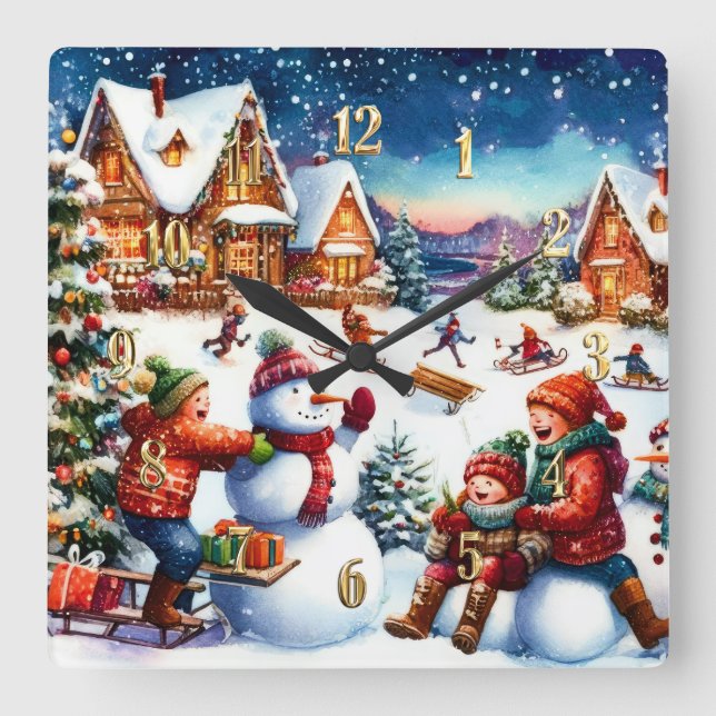Relógio Quadrado Pintura de Crianças Diversão de Inverno Snowmen Sl (Frente)