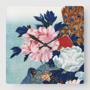 Relógio Quadrado Pintura de flores de pavão e peônias vintage