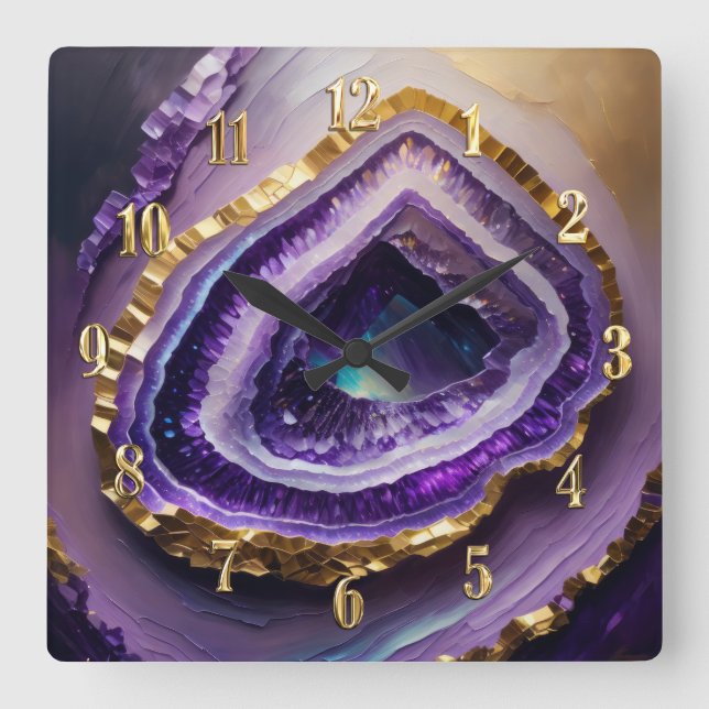 Relógio Quadrado Pintura de Geodo Roxo e Dourado (Frente)