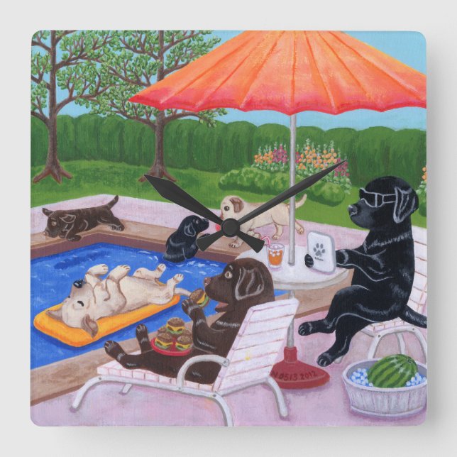 Relógio Quadrado Pintura de Labradors 2 da festa na piscina (Frente)