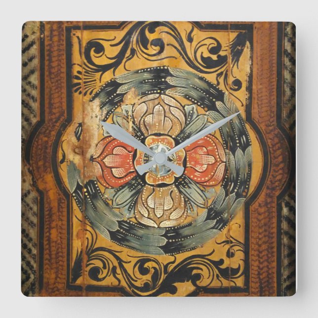 Relógio Quadrado pintura de madeira medieval vintage antiga hist gó (Frente)