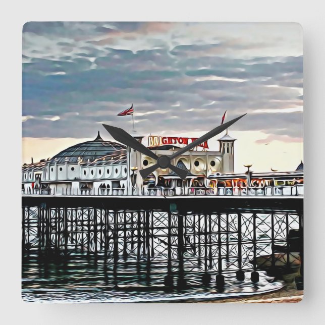 Relógio Quadrado Pintura digital Brighton Pier & Cloudy Sky (Frente)